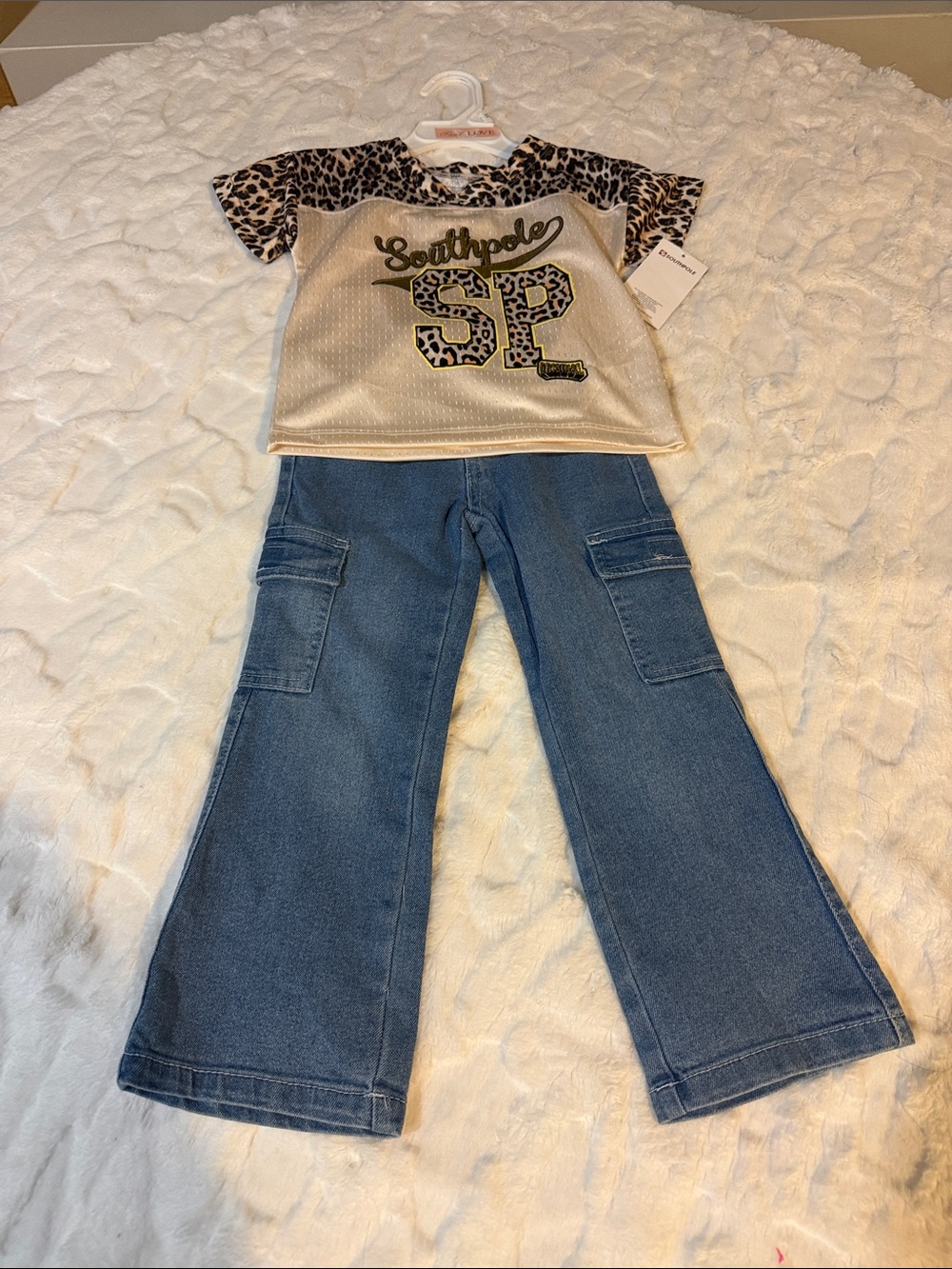 South Pole Beige Leopard-Accent Top with Blue Flare Jeans Size 3T